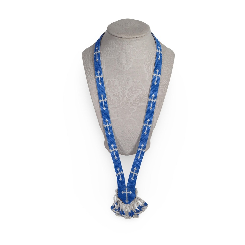 Vintage Handmade Blue White Seed Bead Cross Necklace Leather Fringe Long Boho